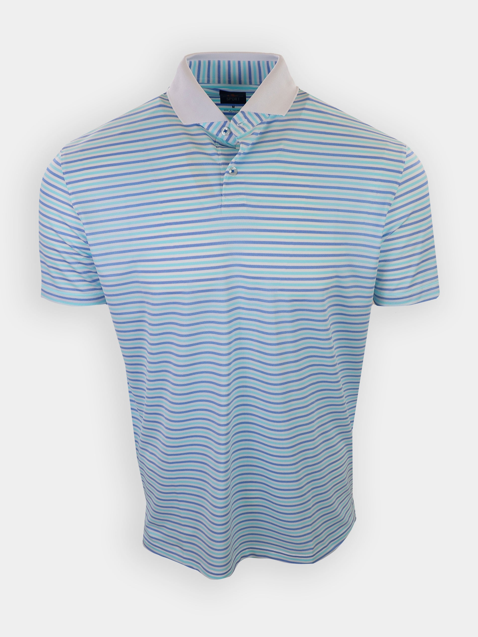 Light blue polo shirt with horizontal stripes in darker blue and purple, displayed on a white background.