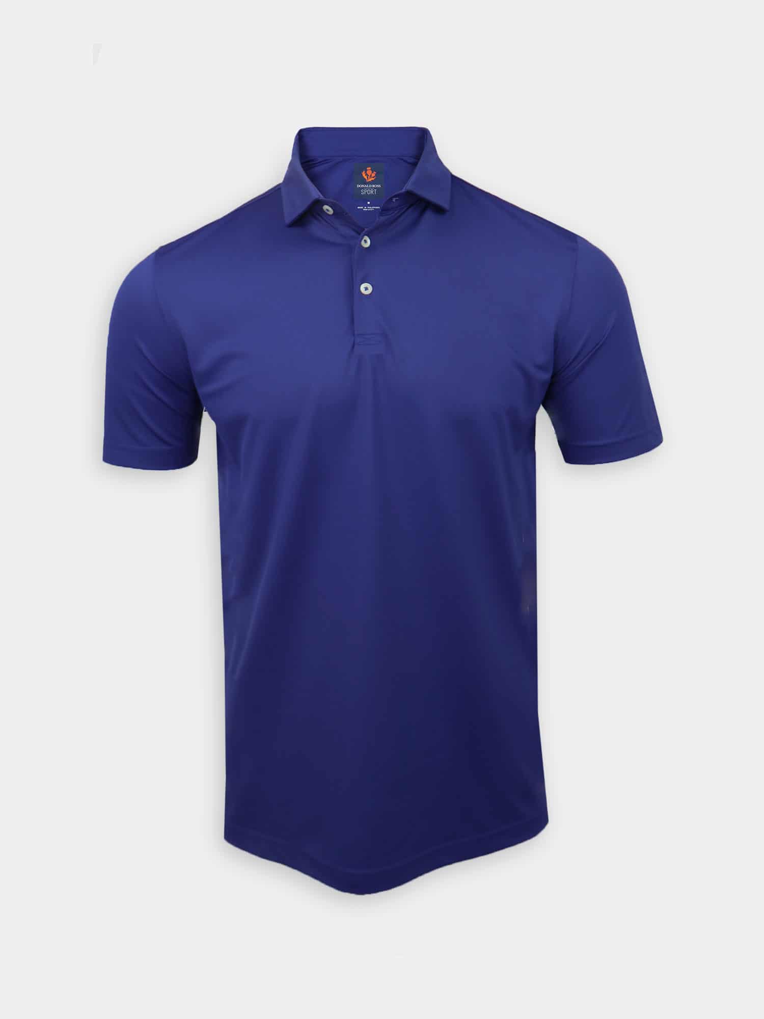 Dark blue polo with a structured collar and two buttons, made from moisture-wicking pique fabric for a sleek, comfortable fit