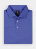 A men's sport fit performance golf polo in denim blue baby pique with a three-button placket and spread collar.
