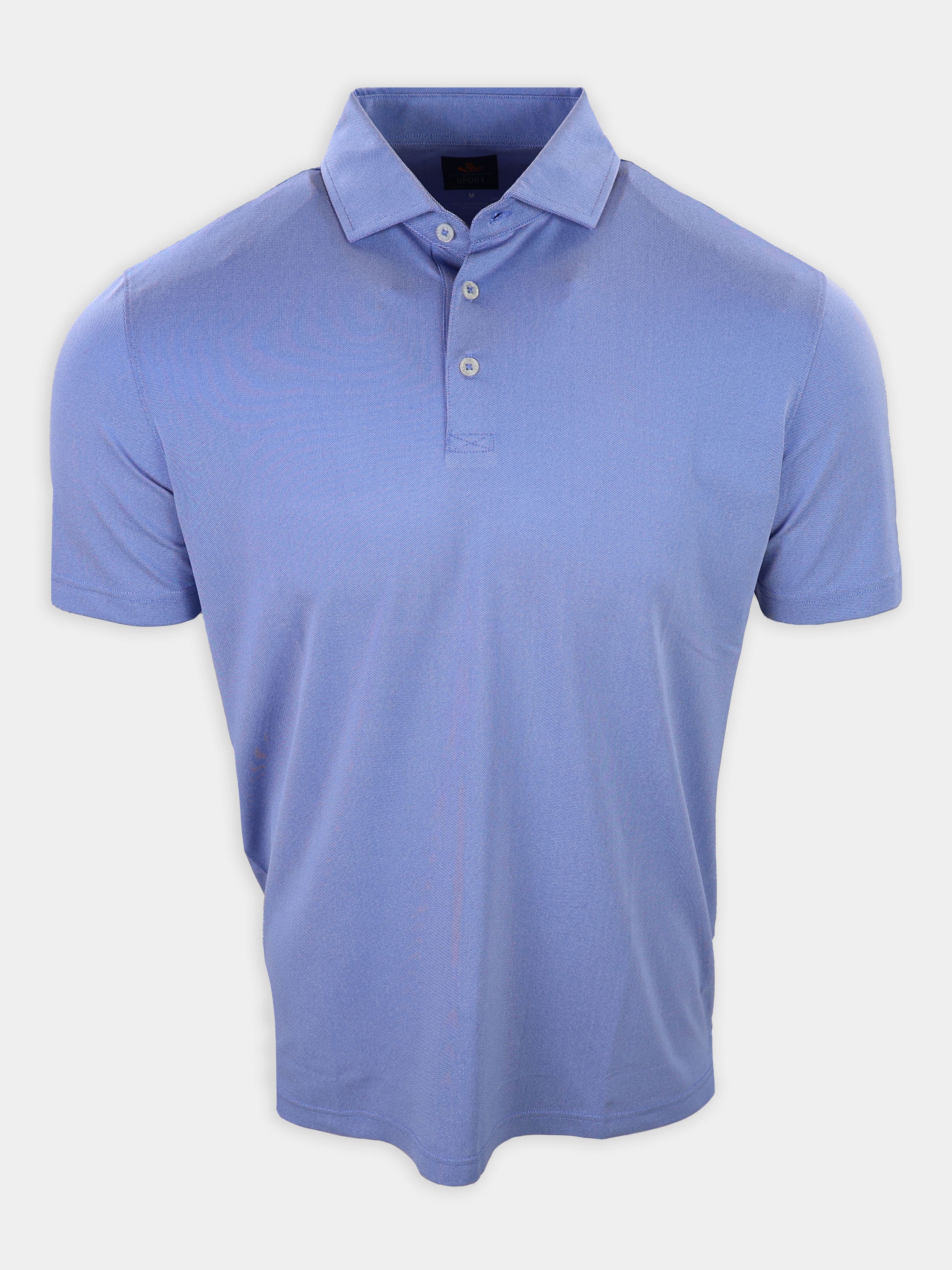 Short-sleeve polo shirt in light blue with a collar and three buttons.