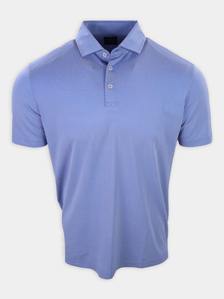 Short-sleeve polo shirt in light blue with a collar and three buttons.