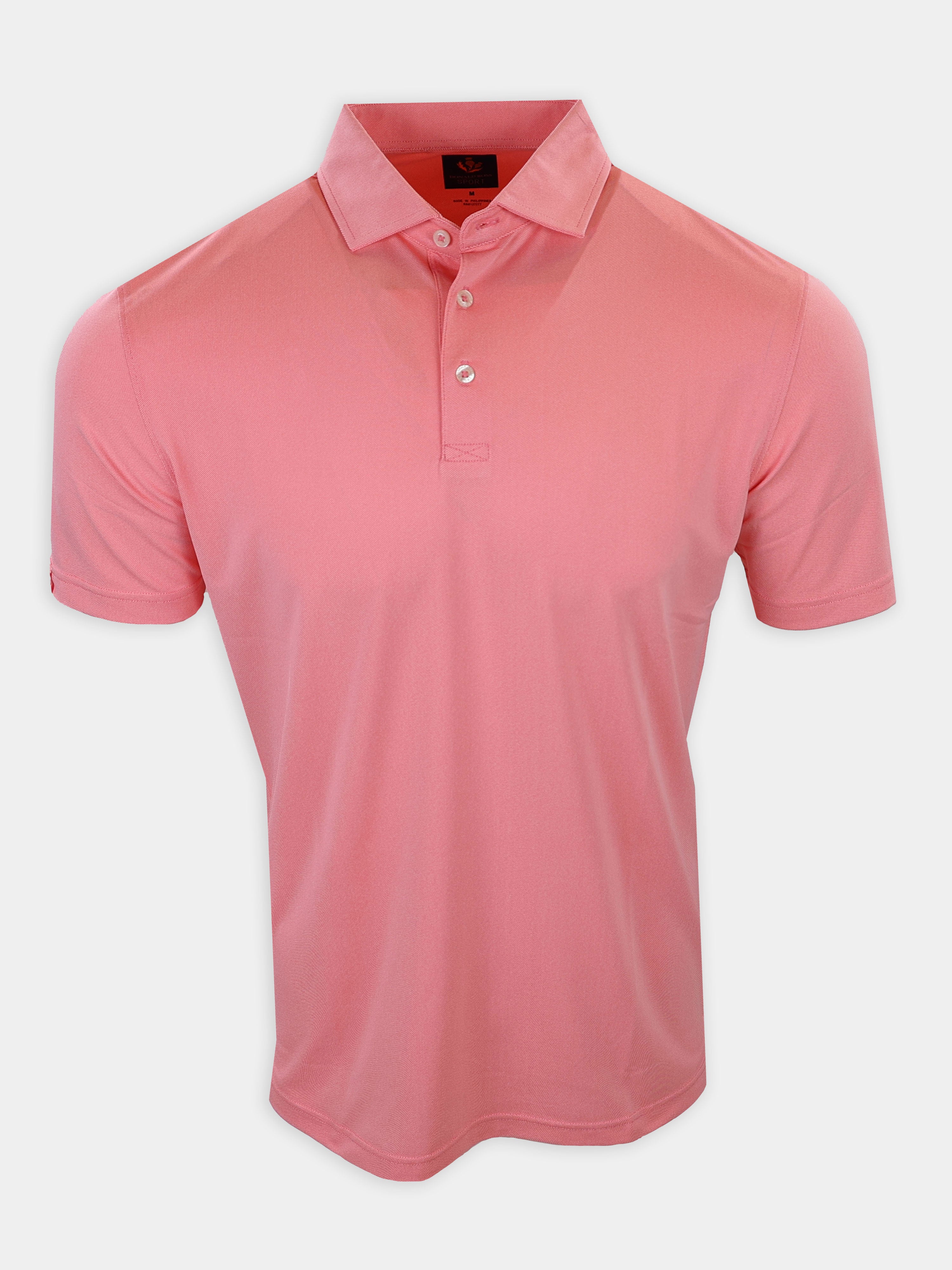 A plain pink polo shirt with a collar and short sleeves is displayed against a white background.