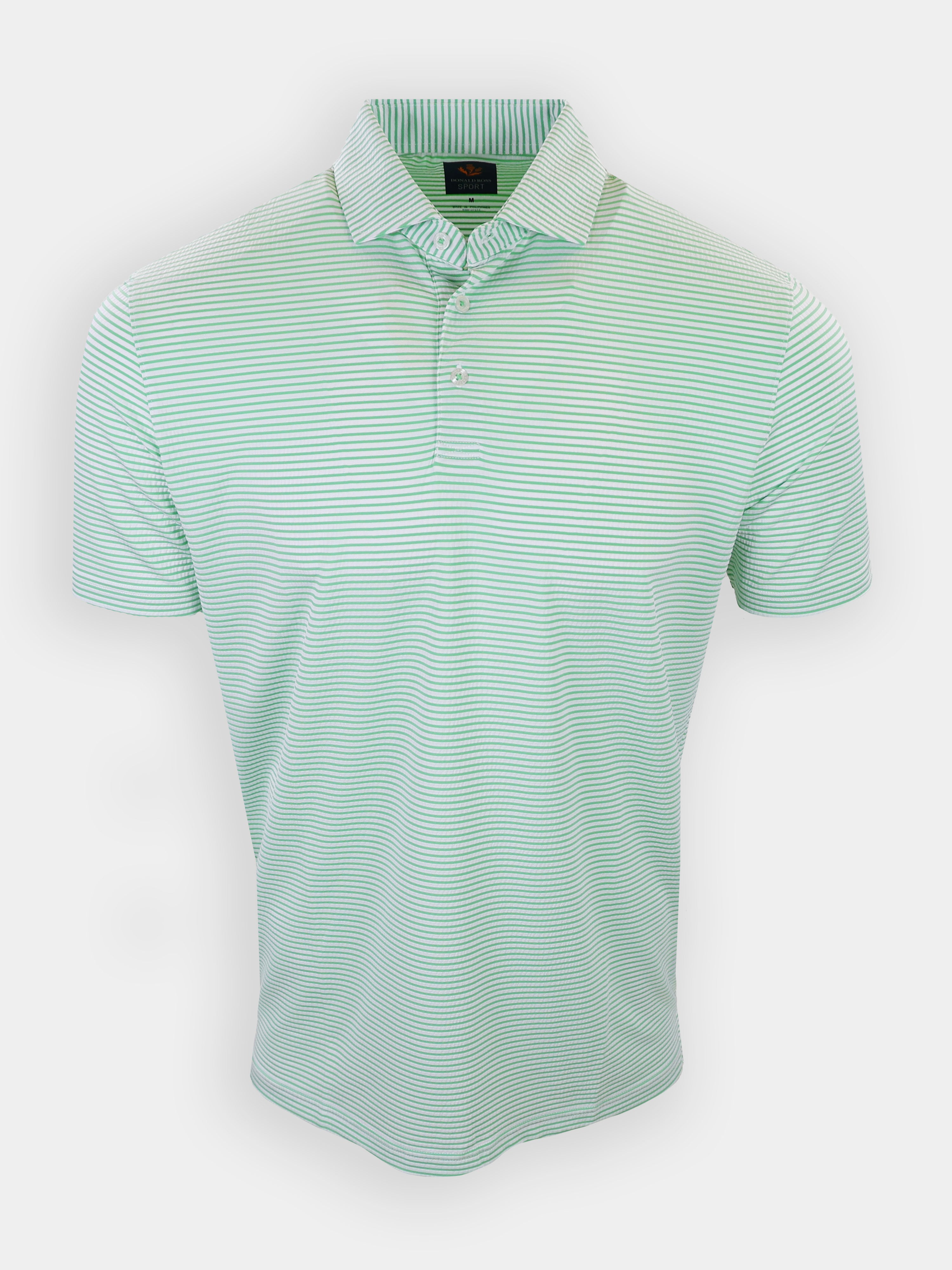 Light green striped polo shirt with a folded collar.