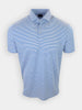 A blue and white striped polo shirt is displayed against a white background.