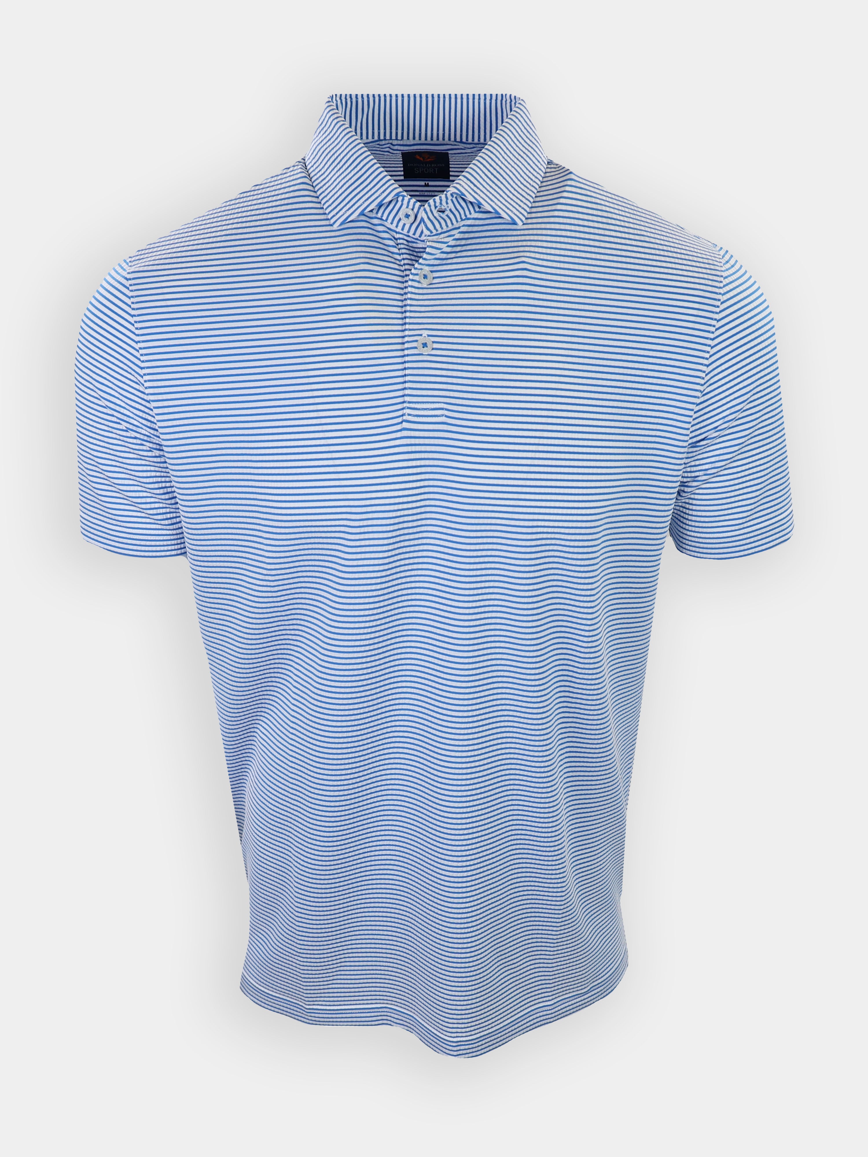 A blue and white striped polo shirt is displayed against a white background.