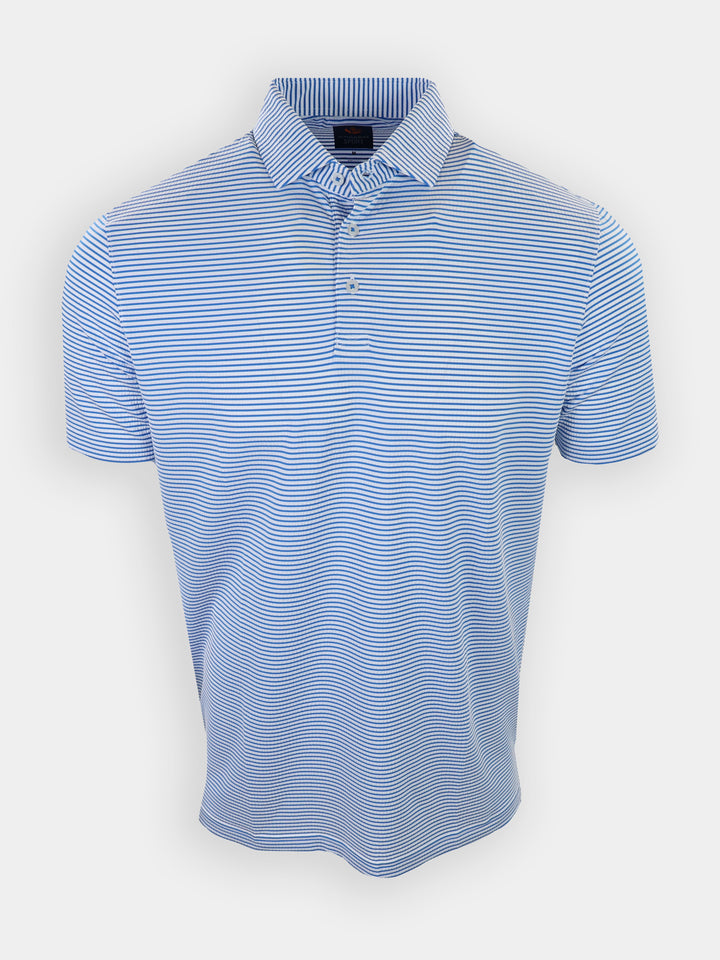 A blue and white striped polo shirt is displayed against a white background.