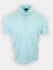 A short-sleeve, light blue polo shirt with horizontal white stripes is displayed against a plain white background.