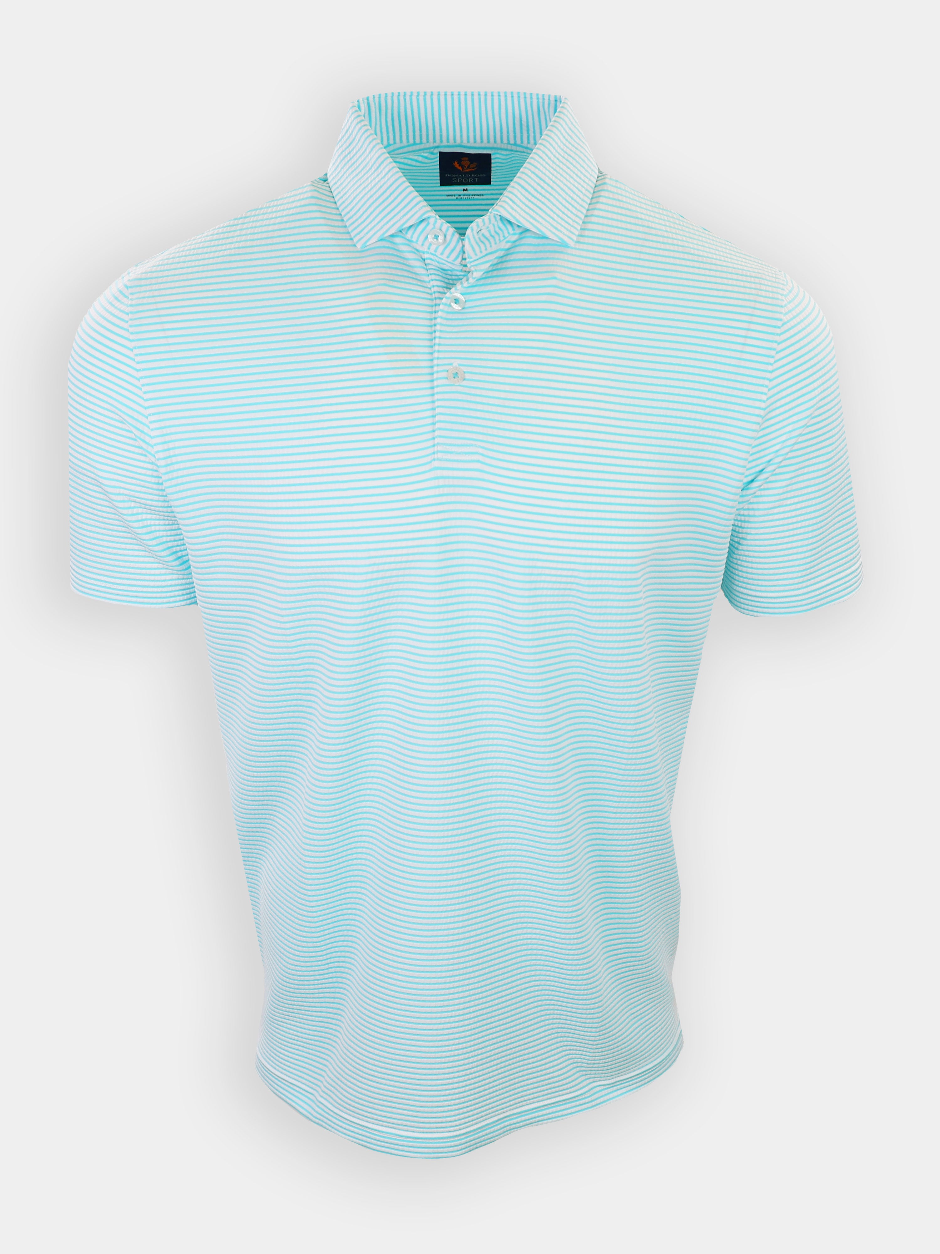 A short-sleeve, light blue polo shirt with horizontal white stripes is displayed against a plain white background.