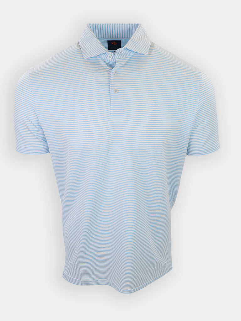 Light blue striped polo shirt displayed on a white background.