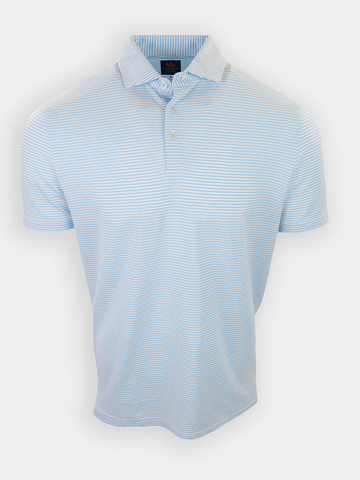 Light blue striped polo shirt displayed on a white background.