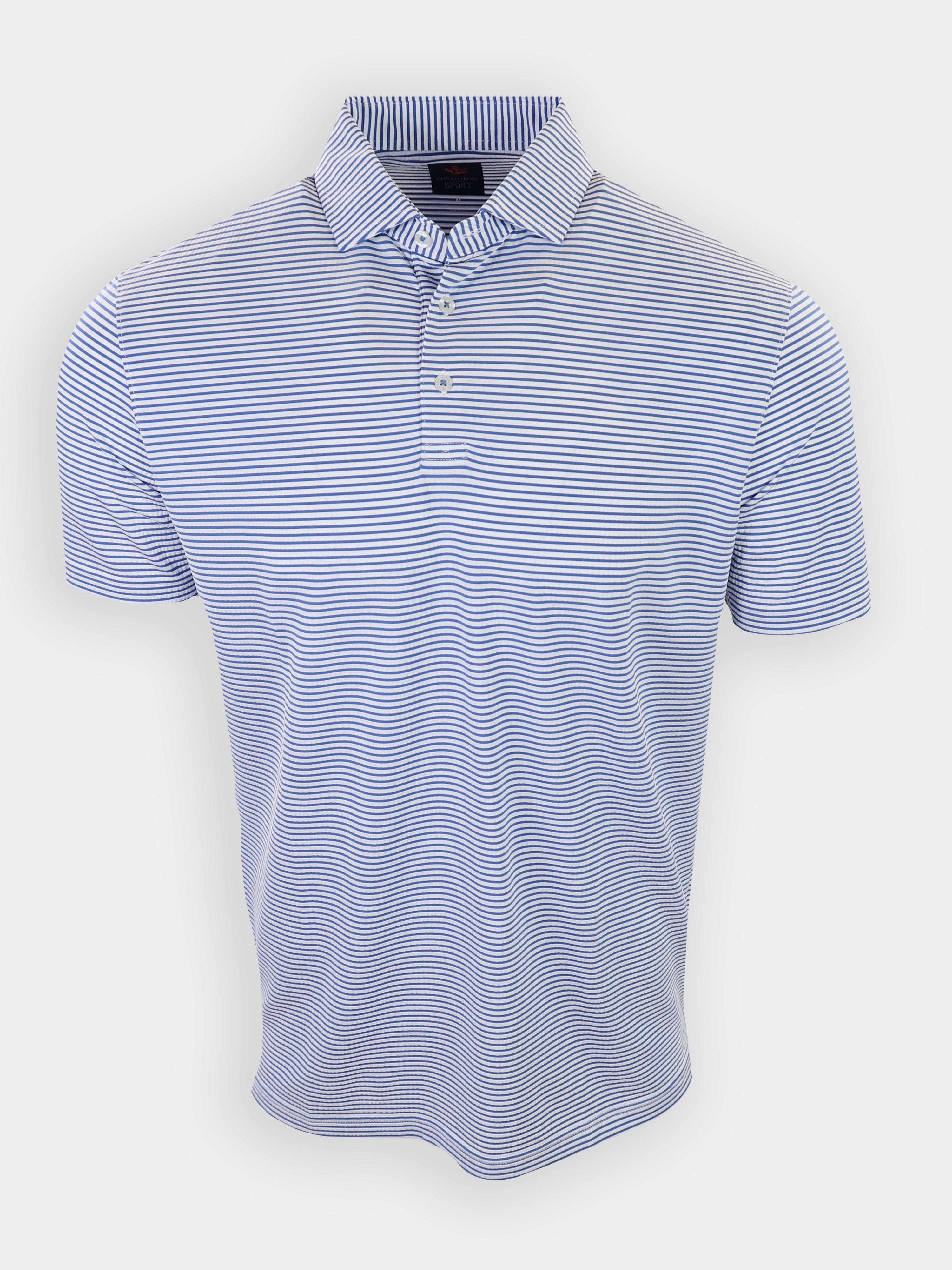 A blue and white striped polo shirt is displayed against a plain background.