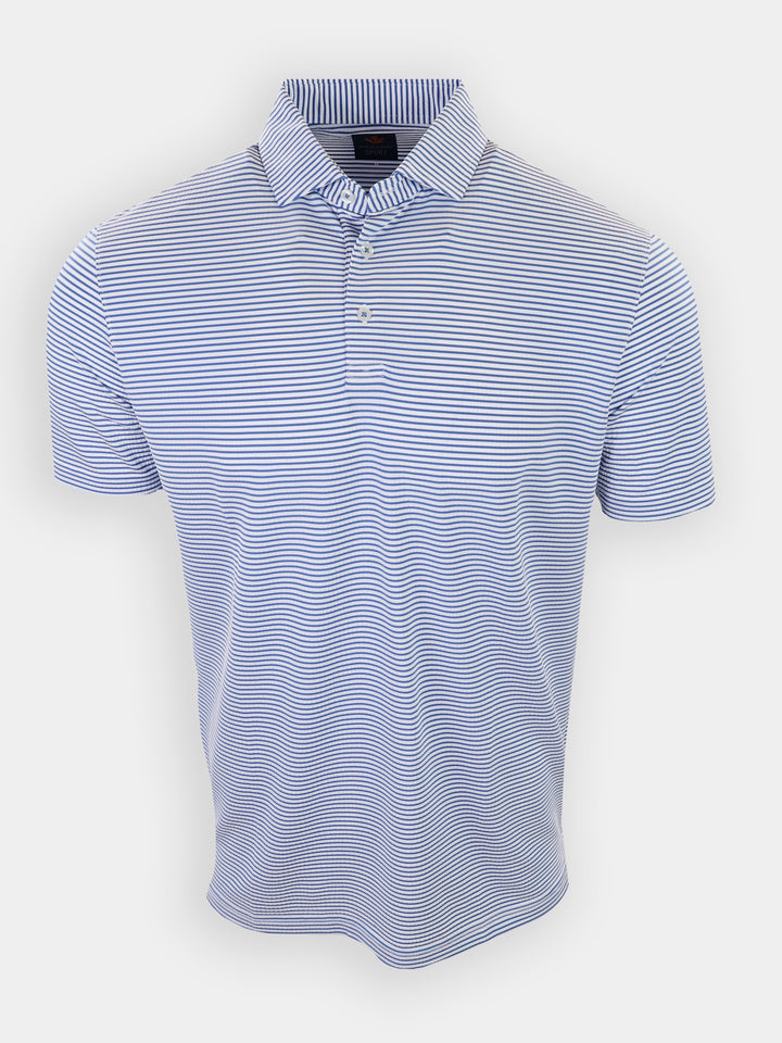 A blue and white striped polo shirt is displayed against a plain background.