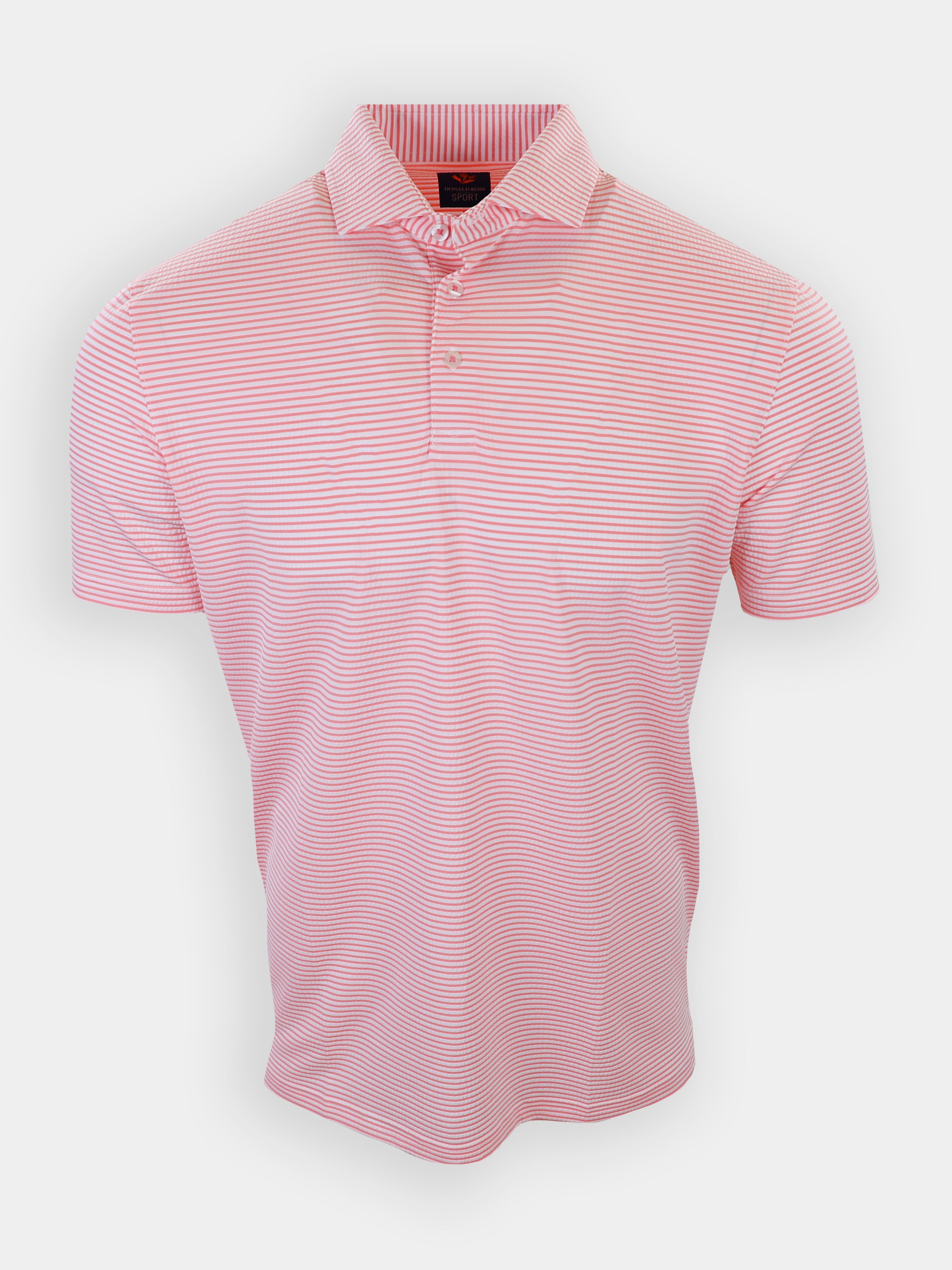 Striped short-sleeve polo shirt in shades of pink and white.