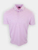 A light pink striped polo shirt is displayed against a white background.