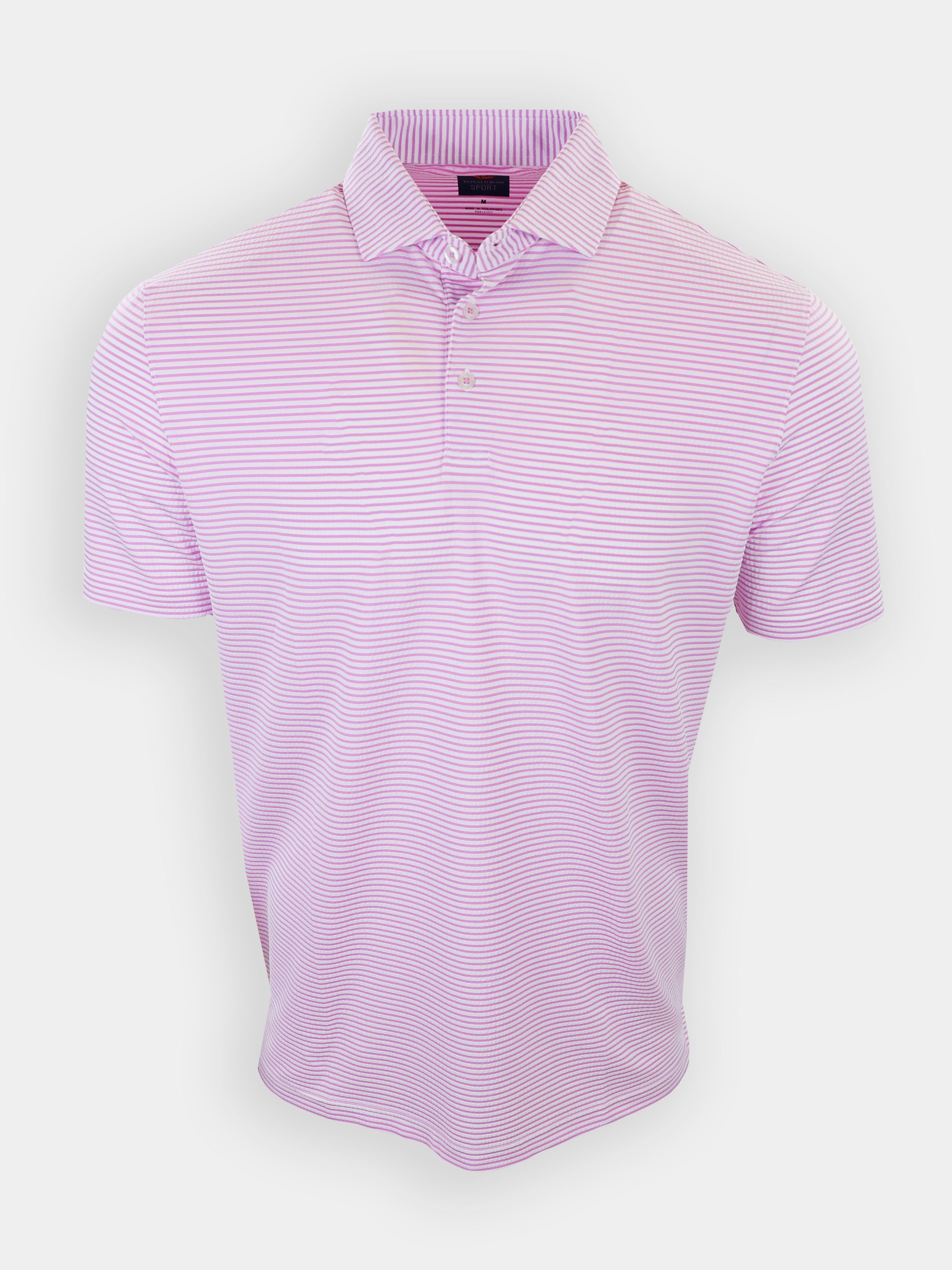 A light pink striped polo shirt is displayed against a white background.
