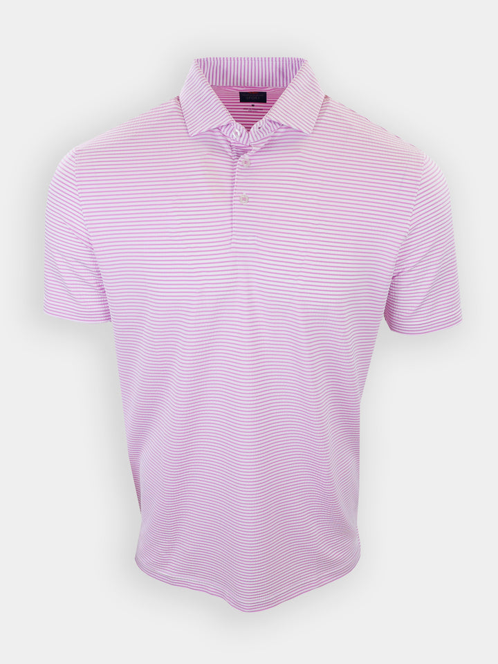 A light pink striped polo shirt is displayed against a white background.