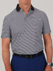 A neatly folded Owen performance jersey golf polo in black with white feeder stripes and a solid black collar.