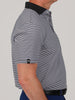 Front view of the Owen performance jersey golf polo in black with white feeder stripes and a solid black collar.