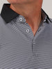 Back view of the Owen performance jersey golf polo in black with white feeder stripes and a solid black collar.