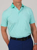A men's sport fit performance jersey golf polo in jade green with white feeder stripes and a solid green collar.