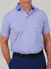 A men's sport fit performance jersey golf polo in iris blue with white feeder stripes and a solid blue collar.