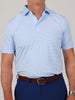 A men's sport fit performance jersey golf polo in azure bright blue with white feeder stripes and a solid blue collar.