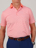 A men's sport fit performance jersey golf polo in nectar orange with white feeder stripes and a solid orange collar.