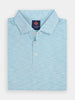 Folded blue and white striped polo shirt with a collar and buttons, showing a clean and crisp golf-focused design