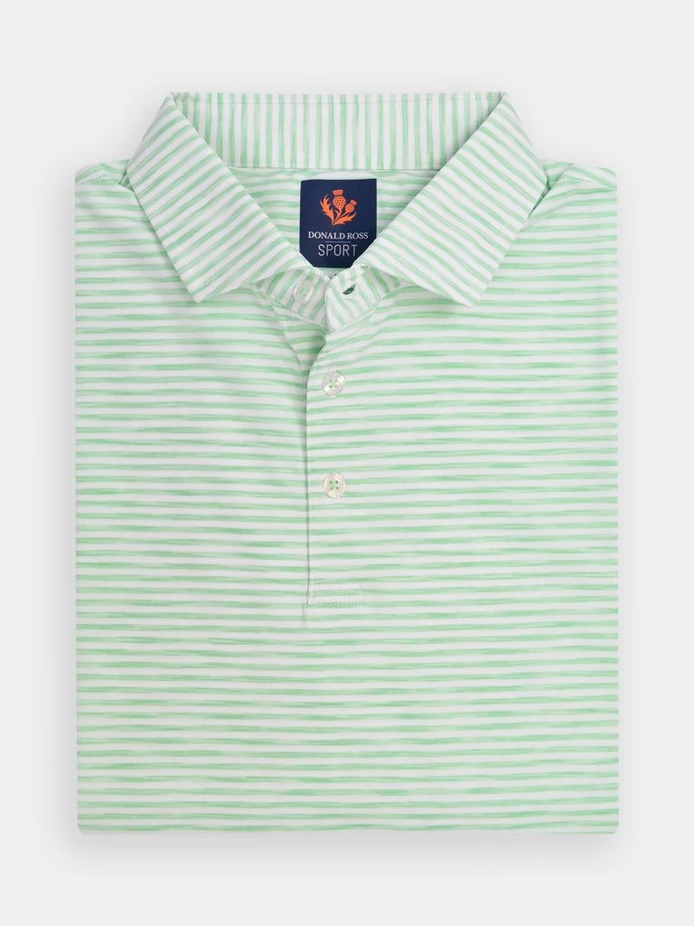 A folded light green and white striped polo shirt with a buttoned collar, featuring performance golf fabric
