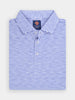 Folded blue and white striped polo shirt with collar, performance management, buttons, and a visible label