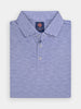 Folded blue and white striped golf polo shirt with performance fabric and a buttoned collar