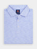 Folded blue and white striped collared golf polo shirt on a white background.