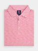 Folded red and white striped polo shirt with a collar, featuring a small blue label near the neckline