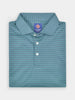 Folded teal polo shirt with thin white stripes, featuring a structured collar and three buttons