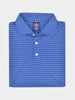 Blue and white striped golf polo shirt neatly folded, featuring a collar and three white buttons