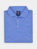 Folded blue striped collared polo shirt with three white buttons, neatly arranged against a plain white background