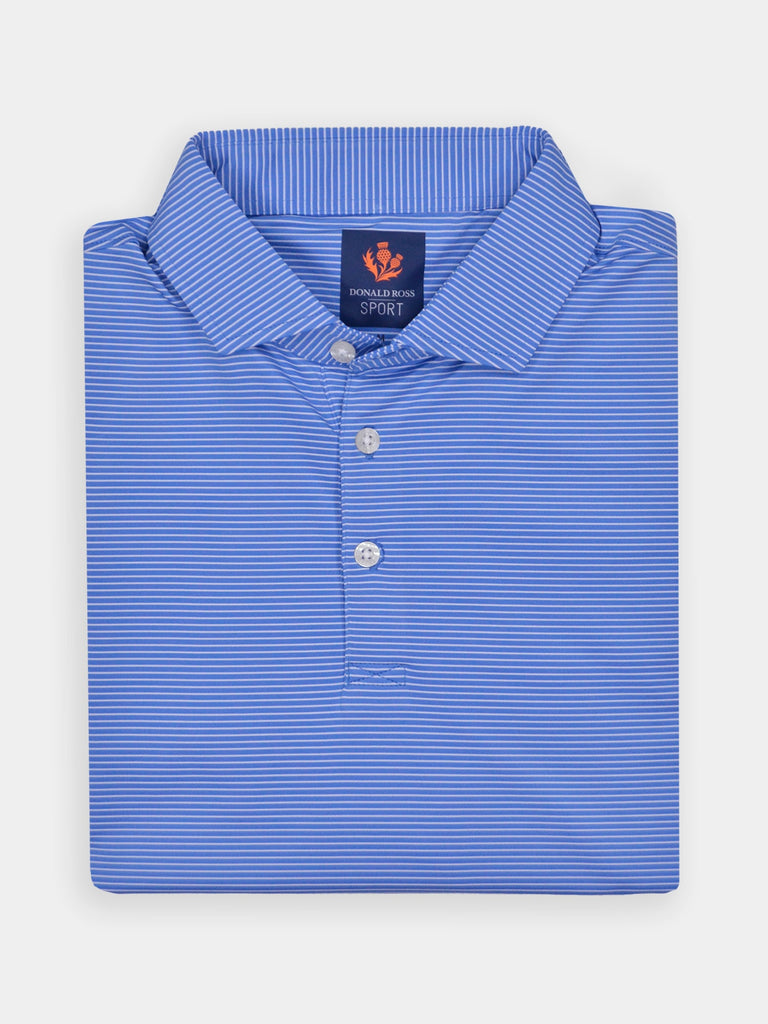 Folded blue striped collared polo shirt with three white buttons, neatly arranged against a plain white background