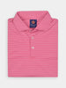 Folded pink and white striped polo shirt on a white background. Features a pointed collar, buttons,and performance fabrics