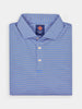 A neatly folded blue polo shirt with thin orange stripes, featuring a classic collar and three buttons
