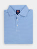 Folded blue and white striped polo shirt with a crisp collar, featuring stretchy performance fabric
