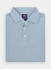 Folded blue and white striped golf polo for men with a neat collar and three white buttons