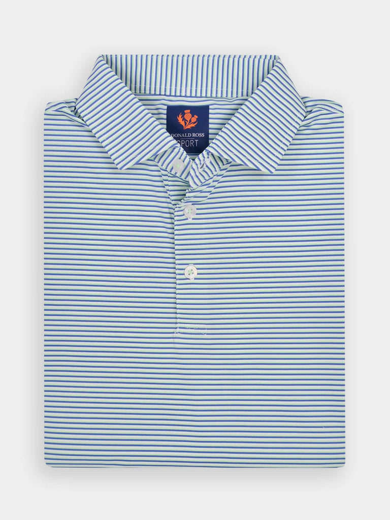 Folded blue and white striped golf polo for men with a neat collar and three white buttons