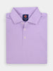 Folded men's golf polo shirt in pastel purple featuring light blue stripes with three buttons