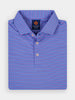 Folded blue and pink striped polo shirt with a buttoned collar and stretcy moisture-wicking fabric