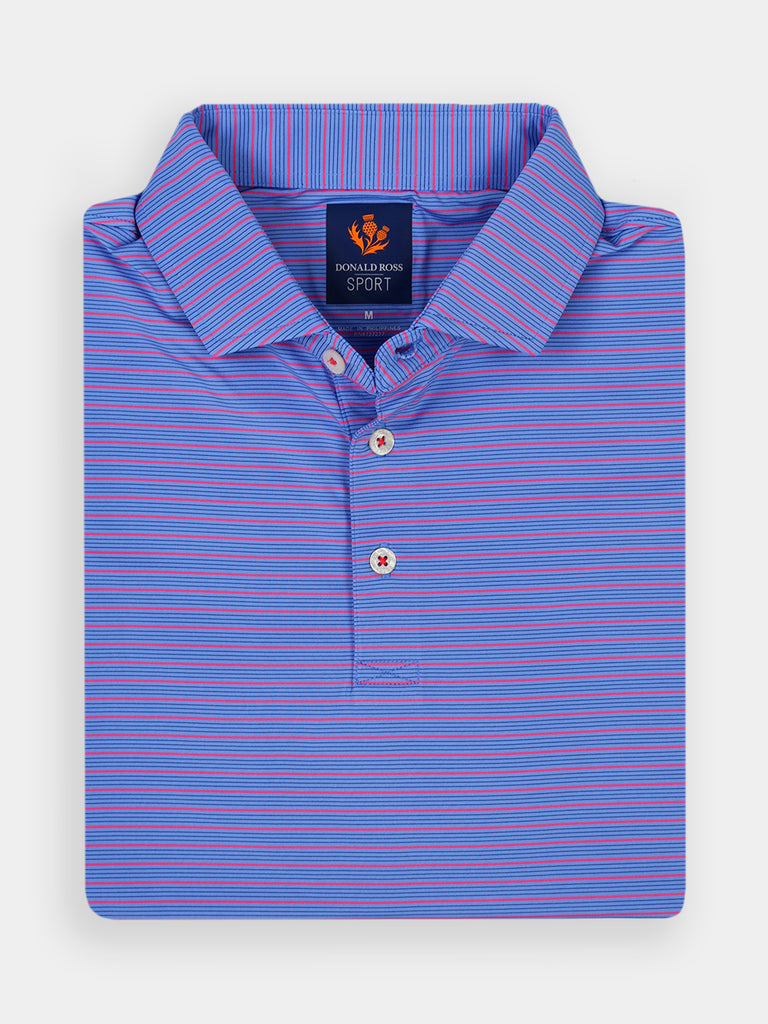 Folded blue and pink striped polo shirt with a buttoned collar and stretcy moisture-wicking fabric