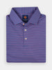 Folded blue and red striped golf polo shirt with a collar, performance fabric, and three white buttons
