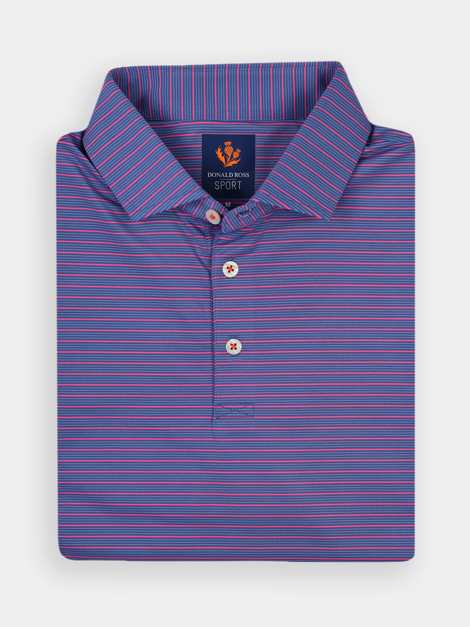 Folded blue and red striped golf polo shirt with a collar, performance fabric, and three white buttons