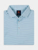 Folded light blue polo shirt with thin dark blue stripes, featuring a buttoned collar and performance fabric