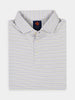 Striped golf polo shirt with a folded collar, featuring fine blue and yellow lines