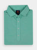 Folded turquoise polo shirt with thin white stripes, buttoned placket, and a neat collar